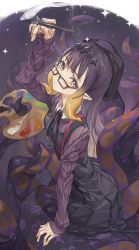 Rule 34 | 1girl, absurdres, black dress, collared shirt, dress, glasses, gradient hair, grey eyes, hand on floor, hand up, highres, holding, holding paintbrush, hololive, hololive english, hxxg, long hair, long sleeves, looking at viewer, looking over eyewear, multicolored hair, ninomae ina&#039;nis, ninomae ina&#039;nis (casual), orange hair, paintbrush, pleated dress, purple background, purple hair, purple shirt, shirt, sidelocks, sitting, solo, star (symbol), suspenders, virtual youtuber