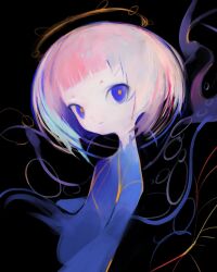 Rule 34 | 1girl, abstract, abstract background, absurdres, black background, blue hair, blue skin, blunt bangs, bright pupils, closed mouth, colored skin, cropped torso, dot nose, halo, highres, looking at viewer, looking to the side, multicolored skin, nedoco, orange halo, orange pupils, orange skin, original, pink hair, purple eyes, purple hair, short eyebrows, short hair, solo, white skin