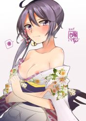 Rule 34 | 10s, 1girl, akebono (kancolle), apron, bad id, bad twitter id, bare shoulders, bell, blush, breasts, cleavage, dated, flower, hair bell, hair flower, hair ornament, japanese clothes, jingle bell, kantai collection, kimono, kimono pull, long hair, looking at viewer, nipple slip, nipples, obi, oomori (kswmr), purple eyes, purple hair, sash, side ponytail, signature, solo, spoken squiggle, squiggle, upper body