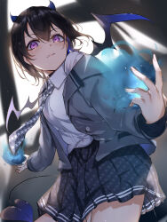Rule 34 | 1girl, absurdres, black hair, blue horns, blue skirt, blue wings, blurry, blush, casting spell, closed mouth, collared shirt, commentary request, cowboy shot, demon horns, demon tail, demon wings, depth of field, grey jacket, grey necktie, highres, horns, ichinose uruha, jacket, looking at viewer, looking down, necktie, open clothes, open jacket, pleated skirt, purple eyes, ringozeri, shirt, shirt tucked in, short hair, skirt, solo, tail, virtual youtuber, vspo!, white shirt, wings