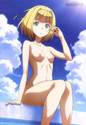 Rule 34 | 10s, 1girl, :o, absurdres, arm support, blonde hair, blue eyes, blunt bangs, blush, bob cut, breasts, chestnut mouth, cloud, collarbone, completely nude, day, goggles, goggles on head, hand up, heavy object, highres, knees together feet apart, legs, legs together, looking at viewer, milinda brantini, nipples, nude, nude filter, open mouth, outdoors, sakamoto tetsuya, scan, short hair, sitting, sky, small breasts, solo, sun, surprised, third-party edit, wet, wide-eyed