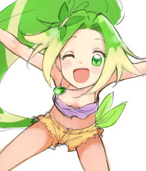 Rule 34 | 1girl, ;d, \o/, arms up, breasts, butterfly hair ornament, camisole, downblouse, green eyes, green hair, hair ornament, highres, midriff, nyama, one eye closed, open mouth, outstretched arms, purple camisole, shorts, sketch, small breasts, smile, solo