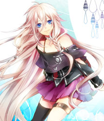 Rule 34 | 1girl, bad id, bad pixiv id, bare shoulders, blue eyes, braid, choker, ia (vocaloid), long hair, looking at viewer, melo (m 0514), off shoulder, pink hair, pleated skirt, purple skirt, single thighhigh, skirt, smile, solo, thigh strap, thighhighs, twin braids, very long hair, vocaloid