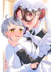 Rule 34 | 1boy, 1girl, absurdres, age difference, akirannu, blush, bow, bowtie, brown hair, child, fang, glasses, hand on another&#039;s cheek, hand on another&#039;s face, highres, hug, light blush, long hair, looking at viewer, maid, mole, mole under mouth, multicolored hair, onee-shota, open mouth, original, red eyes, red hair, shirt, short hair, skin fang, two-tone hair, upper body, white bow, white bowtie, white hair, white shirt, yellow eyes