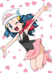 Rule 34 | 1girl, blue eyes, blue hair, boots, breasts, creatures (company), curvy, dawn (pokemon), female focus, game freak, hainchu, happy, highres, jumping, looking at viewer, nintendo, pokemon, pokemon (anime), pokemon dppt (anime), skirt, small breasts, smile, wink