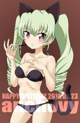 Rule 34 | anchovy (girls und panzer), animal ears, bikini, black bikini, black ribbon, breasts, brown background, cat ears, cat tail, character name, cleavage, commentary, cowboy shot, dated, drill hair, english text, fake animal ears, fake tail, food, food on face, fujimaru arikui, girls und panzer, green hair, hair ribbon, hand on own chest, happy birthday, holding, holding food, long hair, looking at viewer, medium breasts, parted lips, pocky, red eyes, ribbon, simple background, standing, strapless, strapless bikini, swimsuit, tail, twin drills, twintails