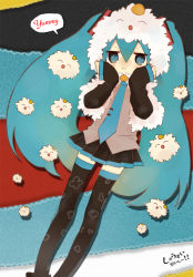 Rule 34 | 1girl, :t, aqua eyes, aqua hair, detached sleeves, hands on own face, hatsune miku, ibo (tototoii), long hair, necktie, skirt, solo, thighhighs, twintails, very long hair, vocaloid, wavy mouth