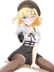 Rule 34 | 1girl, absurdres, aiming, aiming at viewer, asymmetrical hair, between legs, black-framed eyewear, black hat, black pantyhose, black skirt, blonde hair, blue eyes, blush, breasts, cabbie hat, collarbone, commentary, earrings, english commentary, feet out of frame, felutiahime, frilled shirt, frills, gear hair ornament, glasses, grin, gun, hair ornament, hairclip, hand between legs, handgun, hat, heart, heart earrings, highres, holding, holding gun, holding weapon, hololive, hololive english, jewelry, key, key necklace, looking at viewer, magnifying glass, medium breasts, miniskirt, necklace, off-shoulder shirt, off shoulder, one eye closed, pantyhose, pistol, round eyewear, shirt, shirt tucked in, short hair, side ponytail, simple background, sitting, skirt, smile, solo, spread legs, suspender skirt, suspenders, teeth, virtual youtuber, watson amelia, watson amelia (street casual), weapon, white background, white shirt, zipper, zipper skirt