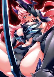 Rule 34 | 10s, 1girl, breasts, cameltoe, cleavage, elbow gloves, gloves, ignite module, kanten, leotard, maria cadenzavna eve, navel, pink hair, purple eyes, senki zesshou symphogear, solo, spread legs, sword, thighhighs, tongue, tongue out, weapon