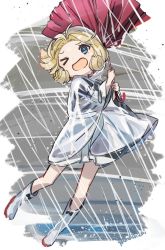 Rule 34 | &gt; o, 1girl, blonde hair, blown away, blue eyes, boots, broken umbrella, commentary request, dress, full body, hat, inverted umbrella, janus (kancolle), kantai collection, one-hour drawing challenge, one eye closed, open mouth, parted bangs, rain, raincoat, red umbrella, rubber boots, sailor hat, short hair, short sleeves, solo, storm, umbrella, white dress, white hat, yamashichi (mtseven)