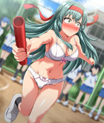 Rule 34 | 1girl, absurdres, aqua hair, baton, black socks, blurry, blush, bra, breasts, closed mouth, collarbone, commission, dutch angle, green eyes, green hair, hair between eyes, highres, holding, kantai collection, lingerie, long hair, looking at viewer, medium breasts, navel, outdoors, panties, pixiv commission, shoes, shy, sneakers, socks, solo, suzuya (kancolle), sweatdrop, tearing up, underwear, white bra, white footwear, white panties, zanntetu