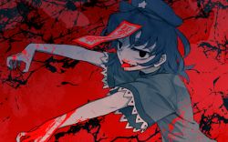 Rule 34 | 1girl, black eyes, blood, blood splatter, chinese clothes, fang, hat, meimaru inuchiyo, miyako yoshika, ofuda, outstretched arms, red background, short hair, solo, tongue, tongue out, touhou, upper body, zombie pose