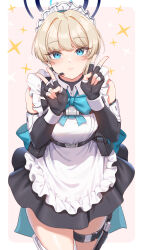 Rule 34 | 1girl, apron, bare shoulders, black gloves, blue archive, blue bow, blue eyes, bow, closed mouth, double v, dress, fangxiang cuoluan, fingerless gloves, frilled apron, frills, gloves, highres, holster, looking at viewer, maid, maid apron, maid headdress, solo, sparkle, thigh holster, thigh strap, thighhighs, toki (blue archive), v, waist apron, white apron