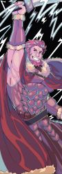 Rule 34 | 1boy, abs, ancient greek clothes, armor, armpits, ba7 maru, bara, beard, breastplate, cape, facial hair, fate/grand order, fate/zero, fate (series), fighting stance, fur (clothing), fur collar, greco-roman clothes, highres, iskandar (fate), large pectorals, leather, looking at viewer, male focus, muscular, pectorals, red hair, simple background, skirt, smile, solo, sword, teeth, weapon