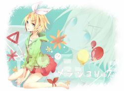 Rule 34 | 1girl, barefoot, hair ornament, hair ribbon, hairclip, kagamine rin, looking at viewer, open mouth, project diva (series), project diva f, ribbon, saamigu, short hair, sitting, skirt, vocaloid