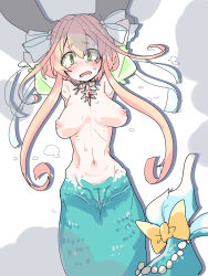 Rule 34 | 1boy, 1girl, blush, bow, breasts, choker, crying, green eyes, hair bow, hair ribbon, highres, imminent rape, jewelry, large breasts, long hair, looking at viewer, lying, mermaid, monster girl, navel, nipples, on back, open mouth, orange hair, pussy, restrained, ribbon, ritva (sennen sensou aigis), sennen sensou aigis, short eyebrows, tail, tail bow, tail ornament, tears, tomatojam, wet, white bow, yellow bow