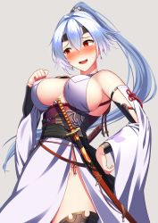 Rule 34 | 1girl, :d, breasts, commentary request, detached sleeves, embarrassed, fate/grand order, fate (series), grey background, hair between eyes, headband, high ponytail, highres, katana, kuroshiro (ms-2420), large breasts, long hair, looking away, obi, open mouth, ponytail, red eyes, sash, sideboob, simple background, smile, solo, sword, tomoe gozen (fate), wavy mouth, weapon, white hair