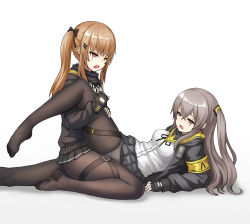 Rule 34 | 2girls, absurdres, arm support, armband, black bow, black pantyhose, black skirt, blush, bow, brown eyes, brown hair, clothed sex, crossed bangs, eye contact, feet, fingerless gloves, girls&#039; frontline, gloves, grey hair, hair bow, hair ornament, hairclip, half-closed eyes, highres, jacket, leg hold, long hair, looking at another, lying, miniskirt, multiple girls, no shoes, on back, one side up, open clothes, open jacket, open mouth, panties, panties under pantyhose, pantyhose, pleated skirt, poorgom, purple eyes, scar, scar across eye, scar on face, shirt, siblings, side ponytail, sidelocks, simple background, sisters, skirt, thighs, tribadism, tribadism through clothes, twins, ump45 (girls&#039; frontline), ump9 (girls&#039; frontline), underwear, wavy mouth, white background, white shirt, yuri