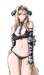 Rule 34 | 1girl, absurdres, alternate costume, arknights, arm strap, armor, asymmetrical hair, black bra, black gloves, black panties, blonde hair, blue hairband, blue necktie, bra, braid, breasts, cameltoe, cleavage, closed mouth, commentary, contrapposto, cowboy shot, detached collar, dragon horns, drop shadow, elbow gloves, fingerless gloves, gloves, grey eyes, hairband, hand on own hip, highres, horns, light smile, long hair, looking at viewer, medium breasts, mildt, navel, necktie, panties, parted bangs, pointy ears, saileach (arknights), side braids, signature, simple background, single hair intake, solo, standing, stomach, twin braids, underwear, underwear only, very long hair, white background, wing collar