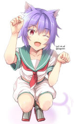 Rule 34 | 10s, 1girl, ;d, animal ears, baggy shorts, blush, cat ears, cat tail, colored eyelashes, dated, fangs, kantai collection, one eye closed, open mouth, paw pose, puffy shorts, purple hair, sailor collar, short hair, shorts, simple background, smile, solo, squatting, tail, tail wagging, tama (kancolle), tomozo kaoru, twitter username, violet eyelashes, white background