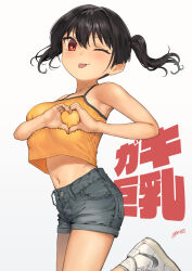 Rule 34 | 1girl, ;p, black hair, blush, breasts, camisole, commentary request, dated, gaki kyonyuu, gradient background, grey background, grey shorts, heart, heart-shaped boob challenge, heart hands, highres, kaedeko (kaedelic), large breasts, looking at viewer, midriff, navel, nike (company), nike air force 1, one eye closed, oppai loli, red eyes, sasaki kanna (kaedeko), shoes, short hair, shorts, signature, sleeveless, sneakers, solo, text background, thighs, tongue, tongue out, twintails, white footwear, yellow camisole