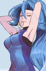 Rule 34 | 1girl, armpits, arms behind head, arms up, bare arms, bare shoulders, blue background, blue eyes, blue hair, blue theme, breasts, choker, clair (pokemon), closed eyes, closed mouth, covered navel, creatures (company), earrings, game freak, gem, gym leader, hair between eyes, hair intakes, hair tie, halterneck, high ponytail, holding, holding hair, jewelry, lips, long hair, medium breasts, mouth hold, nintendo, pearl (gemstone), pokemon, pokemon hgss, side ponytail, simple background, skin tight, smile, solo, suzuki zentarou, twitter username, tying hair, unitard, very long hair