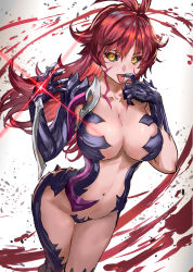 Rule 34 | 1girl, amaha masane, black sclera, blade, breasts, cleavage, colored sclera, commentary request, fingernails, glowing, highres, large breasts, long hair, looking at viewer, messy hair, navel, piercing, ran&#039;ou (tamago no kimi), red hair, revealing clothes, sharp fingernails, solo, tattoo, tongue, tongue out, tongue piercing, weapon, witchblade, yellow eyes