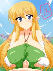 Rule 34 | 1boy, 1girl, blonde hair, blue eyes, blush, breasts, covered erect nipples, cum, cum on clothes, gloves, heart, hetero, highres, huge breasts, long hair, outdoors, paizuri, paizuri over clothes, penis, pointy ears, smile, spoken heart, tiffania westwood, uncensored, wedge (tyrl stride), zero no tsukaima