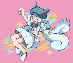 Rule 34 | 1girl, ;d, absurdres, aqua headwear, arm up, clenched hand, commentary request, creature and personification, creatures (company), dress, flat color, game freak, gen 4 pokemon, hat, highres, looking at viewer, nintendo, one eye closed, open mouth, pachirisu, personification, pink background, pokemon, pokemon (creature), sailor collar, shoes, short sleeves, shorts, smile, sutokame, teeth, tongue, upper teeth only, white dress, white footwear, yellow shorts