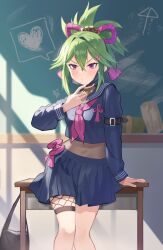 Rule 34 | 1girl, absurdres, against table, ai ai gasa, alternate costume, arm belt, black mask, blue serafuku, blue skirt, blush, bment423, breasts, chalkboard, classroom, closed mouth, commentary request, covered navel, cropped shirt, crossed bangs, dot mouth, genshin impact, green hair, hair between eyes, hair ornament, hairclip, hand up, highres, indoors, kuki shinobu, mask, mask pull, medium breasts, mouth mask, neckerchief, pink neckerchief, pleated skirt, podium, ponytail, purple eyes, purple rope, rope, school uniform, serafuku, short hair, skirt, uniform