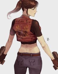 Rule 34 | 1girl, absurdres, belt, black shirt, blue pants, brown belt, brown hair, calico m100p, claire redfield, cowboy shot, crop top, cropped vest, double-stack magazine, dual wielding, embroidery, ericson blum, from behind, grey background, gun, handgun, helical magazine, high-capacity magazine, highres, holding, holding gun, holding weapon, long sleeves, looking to the side, midriff, pants, pistol, ponytail, red vest, resident evil, resident evil - code: veronica, shirt, short sleeves, sidelocks, signature, solo, vest, weapon