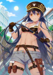 Rule 34 | &gt;:), 1girl, abs, black hair, blush, breasts, cleavage, cutoffs, denim, denim shorts, gloves, hat, holding, long hair, looking at viewer, midriff, navel, original, otosume ruiko, red eyes, shorts, smile, solo, thigh strap, v-shaped eyebrows, whip