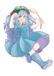 Rule 34 | 1girl, :d, backpack, bag, blue eyes, blue footwear, blue hair, boots, dress, dress shirt, full body, hair bobbles, hair ornament, hands up, hat, kawashiro nitori, key, looking at viewer, matching hair/eyes, momiji (alfinmegaten), open mouth, pocket, puffy short sleeves, puffy sleeves, rubber boots, shirt, short hair, short sleeves, simple background, skirt, skirt set, smile, solo, touhou, two side up, white background