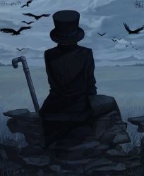 Rule 34 | 1boy, a phu, coat, dark, from behind, hat, highres, industrial pipe, male focus, one piece, outdoors, sabo (one piece), sitting, solo, top hat