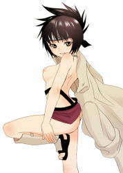 Rule 34 | 1girl, armor, ass, breasts, brown hair, clothes lift, artistic error, forehead protector, greaves, happy, headband, inuburo, jacket, jacket over shoulder, unworn jacket, jewelry, leg lift, looking at viewer, looking to the side, medium breasts, miniskirt, mitarashi anko, naruto, naruto (series), necklace, ninja, no panties, resized, sandals, short hair, simple background, skirt, skirt lift, small nipples, smile, solo, standing, standing on one leg, suspenders, topless, white background, yellow eyes