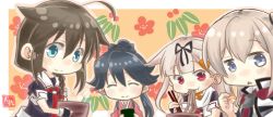 Rule 34 | 4girls, :o, :t, ahoge, black ribbon, blonde hair, blue bow, blue eyes, blue hair, blush, bow, bowl, brown hair, chibi, chopsticks, closed mouth, commentary request, eating, closed eyes, fingerless gloves, floral background, food, gloves, graf zeppelin (kancolle), hair bow, hair flaps, hair ornament, hair ribbon, hairclip, holding, houshou (kancolle), kantai collection, looking at viewer, multiple girls, noodles, ponytail, red eyes, ribbon, scarf, shigure (kancolle), signature, smile, taisa (kari), triangle mouth, white scarf, yuudachi (kancolle)