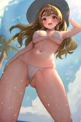 Rule 34 | 1girl, arm up, armpits, bikini, blue sky, blush, breasts, breasts apart, brown hair, c (theta), cameltoe, cleft of venus, covered erect nipples, earrings, feet out of frame, from below, gluteal fold, hat, highres, idolmaster, idolmaster million live!, jewelry, large breasts, light particles, long hair, looking at viewer, miyao miya, navel, outdoors, palm tree, sky, smile, solo, straight hair, sun hat, swimsuit, thick eyebrows, tree, underboob, very long hair, white bikini