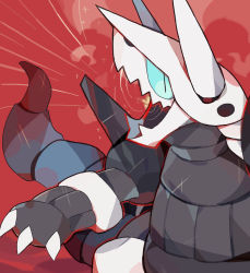 Rule 34 | aggron, akadako, animal focus, black eyes, blue sclera, claws, colored sclera, creatures (company), game freak, gen 3 pokemon, highres, looking at viewer, nintendo, no humans, one-hour drawing challenge, open mouth, pokemon, pokemon (creature), red background, sharp teeth, slit pupils, solo, standing, teeth