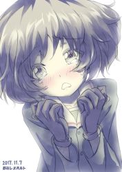 Rule 34 | 10s, 1girl, absurdres, akiyama yukari, artist name, black gloves, blue jacket, brown eyes, brown hair, commentary, crying, dated, frown, girls und panzer, gloves, green shirt, grimace, head tilt, highres, jacket, long sleeves, messy hair, military, military uniform, muted color, one-hour drawing challenge, ooarai military uniform, shirt, short hair, simple background, solo, tears, tonan leopard, uniform, upper body, white background
