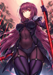 Rule 34 | 1girl, armor, bodysuit, breasts, cloud, cloudy sky, covered navel, dual wielding, fate/grand order, fate (series), from below, gae bolg (fate), gluteal fold, hair between eyes, haoni, holding, light beam, long hair, looking at viewer, medium breasts, pauldrons, perky breasts, polearm, purple hair, red eyes, red sky, scathach (fate), shoulder armor, skin tight, sky, solo, spear, thigh gap, thighs, very long hair, weapon