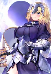 Rule 34 | 1girl, armor, armored dress, blonde hair, blue eyes, blue sky, blush, braid, breasts, chain, fate/apocrypha, fate (series), faulds, flag, gauntlets, headpiece, highres, jeanne d&#039;arc (fate), jeanne d&#039;arc (ruler) (fate), large breasts, long braid, long hair, looking at viewer, ninoude (ninoude44), plackart, sheath, single braid, sky, smile, solo, sword, very long hair, weapon