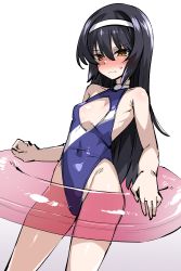 Rule 34 | 1girl, absurdres, bare shoulders, black hair, blush, breasts, brown eyes, girls und panzer, hairband, harigane shinshi, highres, innertube, long hair, one-piece swimsuit, reizei mako, simple background, small breasts, solo, sweatdrop, swim ring, swimsuit, white background