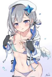 Rule 34 | 1girl, :q, absurdres, amane kanata, amane kanata (work), beret, bikini, bikini under clothes, blue hair, colored inner hair, flat chest, gloves, grey hair, hair ornament, hair rings, hairclip, hat, highres, hololive, hood, hoodie, jacket, licking lips, masute, multicolored hair, navel, open clothes, open jacket, partially fingerless gloves, purple eyes, simple background, solo, swimsuit, tongue, tongue out, twintails, virtual youtuber
