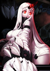 Rule 34 | 10s, 1girl, abyssal ship, breasts, claws, colored skin, detached sleeves, dress, female focus, horns, kantai collection, koi drake, large breasts, long hair, red eyes, ribbed dress, seaport princess, short dress, single horn, solo, white hair, white skin