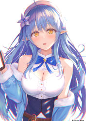 Rule 34 | 1girl, absurdres, ahoge, belt, beret, blue bow, blue bowtie, blue coat, blue hair, blush, bottle, bow, bowtie, braid, breasts, brown belt, chromatic aberration, cleavage, cleavage cutout, clothing cutout, coat, collared shirt, commentary, corset, flower, fur-trimmed coat, fur trim, hair between eyes, hair flower, hair ornament, half updo, hat, highres, holding, holding bottle, hololive, large breasts, light blue hair, light rays, long hair, looking at viewer, off shoulder, open clothes, open coat, open mouth, plaid, plaid bow, plaid bowtie, plaid neckwear, pointy ears, shirt, simple background, sleeveless, sleeveless shirt, snowflake print, solo, star (symbol), sunlight, sweat, sweatdrop, tansan gitune, twitter username, underbust, upper body, virtual youtuber, white background, white flower, white hat, white shirt, wing collar, yellow eyes, yukihana lamy