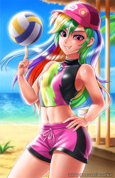 Rule 34 | 1girl, artist name, ball, bare shoulders, baseball cap, beach, blonde hair, blue hair, breasts, cowboy shot, day, glowing, green hair, grin, hair between eyes, hand on own hip, hat, holding, holding ball, jewelry, long hair, looking at viewer, medium breasts, midriff, multicolored hair, my little pony, my little pony: equestria girls, my little pony: friendship is magic, navel, necklace, ocean, orange hair, outdoors, patreon username, personification, pink shorts, purple eyes, purple hair, racoon-kun, rainbow dash, rainbow hair, red hair, shirt, shorts, sky, sleeveless, sleeveless shirt, smile, solo, volleyball (object), watermark, web address