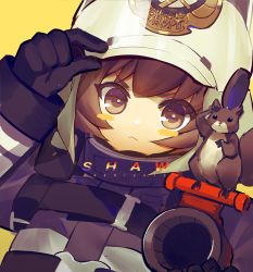 Rule 34 | 1girl, adjusting headwear, animal, animal on shoulder, arknights, black gloves, blush stickers, brown eyes, brown hair, character name, coat, copyright name, english text, firefighter, gloves, helmet, hose, kernel killer, looking at viewer, shaw (arknights), short hair, simple background, solo, squirrel, strap, upper body, white helmet, yellow background