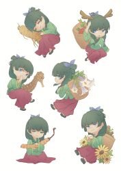 1girl =_= antlers aoqun backpack_basket blue_eyes chibi chinese_clothes closed_mouth donutfrog eating eyebrows_hidden_by_hair fish flat_chest flower full_body green_hair green_hanfu hanfu horns kusuriya_no_hitorigoto looking_at_viewer lying maomao_(kusuriya_no_hitorigoto) multiple_views on_side open_mouth red_skirt seahorse simple_background skirt sleeping smile stifled_laugh sunflower white_background