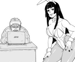 Rule 34 | 1boy, 1girl, animal ears, artist self-insert, asus, bare shoulders, bb (baalbuddy), black hair, bow, bowtie, breasts, cleavage, computer, desk, detached collar, facial hair, fake animal ears, fake tail, greyscale, hairband, hand on own hip, hand on own leg, highleg, highleg leotard, highres, hime cut, hime cut wife (baalbuddy), laptop, large breasts, leotard, long hair, looking at viewer, monochrome, nail polish, original, pantyhose, playboy bunny, plunging neckline, rabbit ears, rabbit tail, simple background, sitting, smile, stubble, tail, white background, wrist cuffs