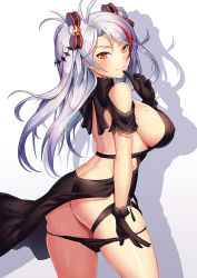 Rule 34 | 1girl, antenna hair, ass, azur lane, back, backless dress, backless outfit, bare shoulders, black dress, black gloves, black panties, blush, bow, breasts, butt crack, closed mouth, dress, gloves, hair bow, index finger raised, large breasts, long hair, looking at viewer, mole, mole on breast, multicolored hair, panties, prinz eugen (azur lane), prinz eugen (cordial cornflower) (azur lane), red hair, sideboob, silver hair, simple background, smile, solo, streaked hair, swept bangs, tako seijin, thighs, two side up, underwear, white background, yellow eyes